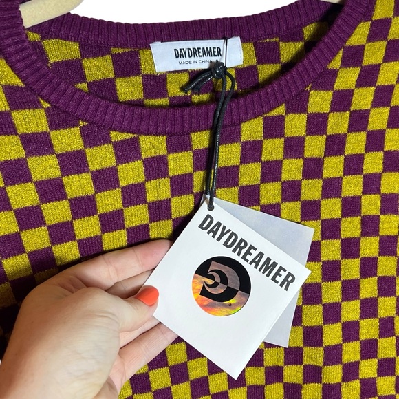 Daydreamer Fig Check Yellow Purple Soft Stretchy Crop Sweater, NWT, Small - Picture 8 of 14